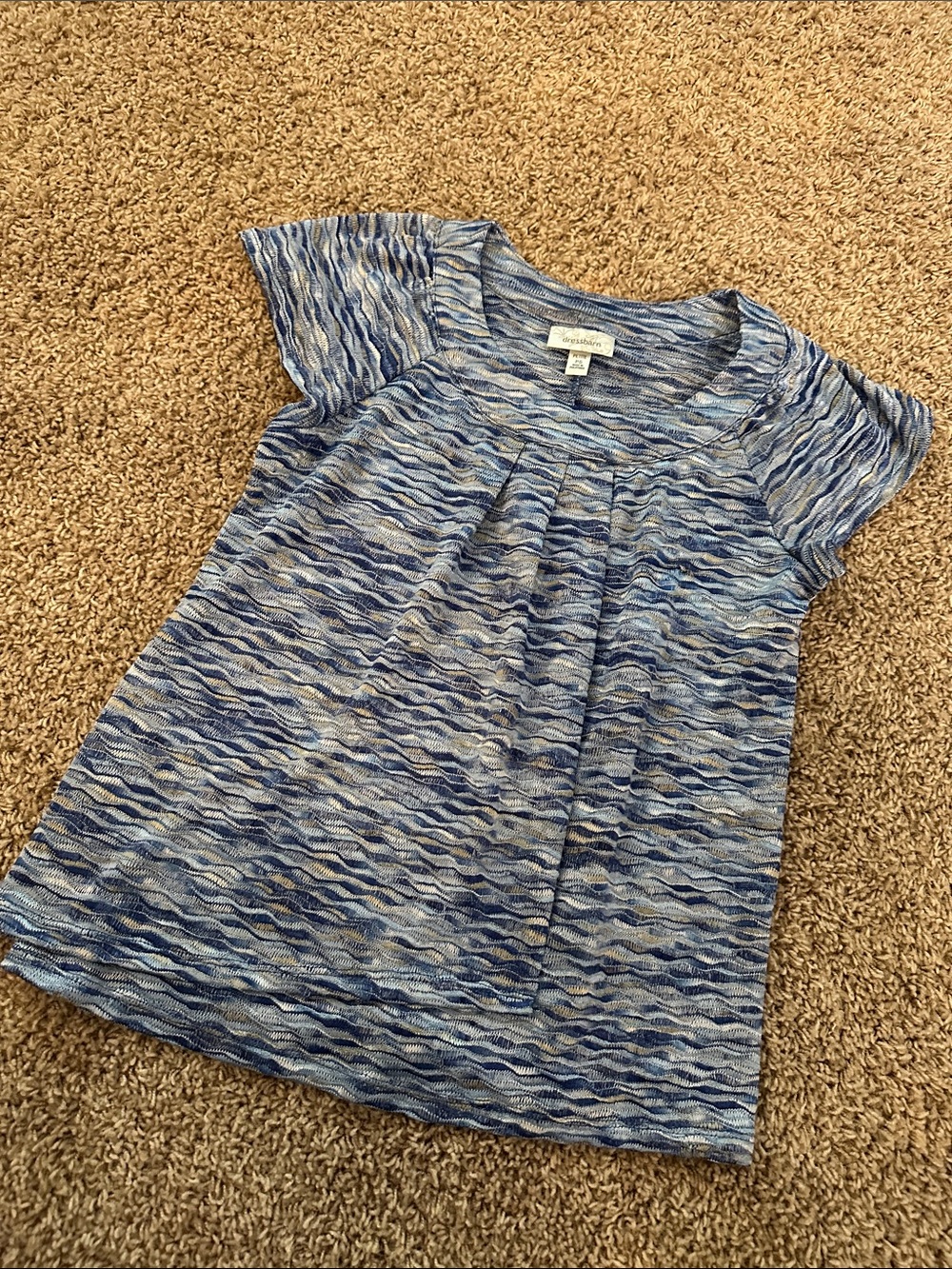 Dress Barn Blue Wave-Pattern Short Sleeve Blouse draped wrap detail lightweight